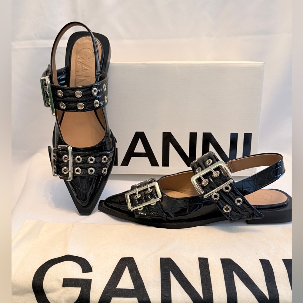 NEW Ganni Black Patent Croc-Embossed Buckle Pointed Slingback Flats